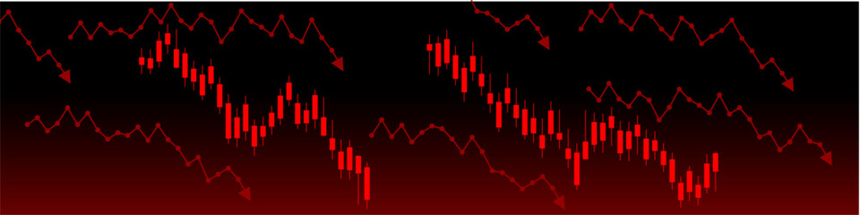 Red down arrow and candle stick vector, depicting a strong market downturn and price decline. Ideal for financial reports, trading signals, or economic analysis indicating significant losses.