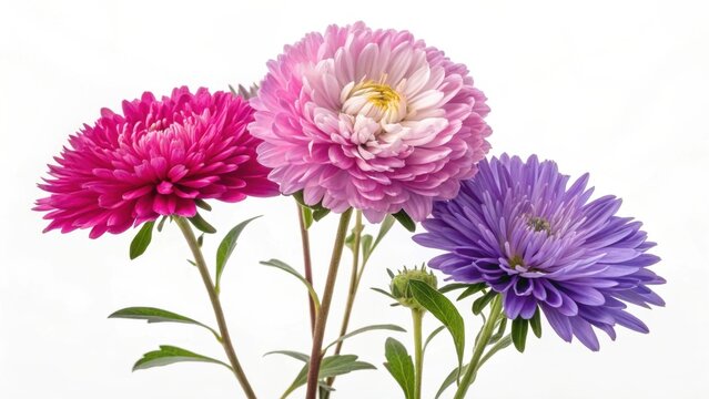 Three colorful aster flowers in full bloom against a clean white background in a studio shot