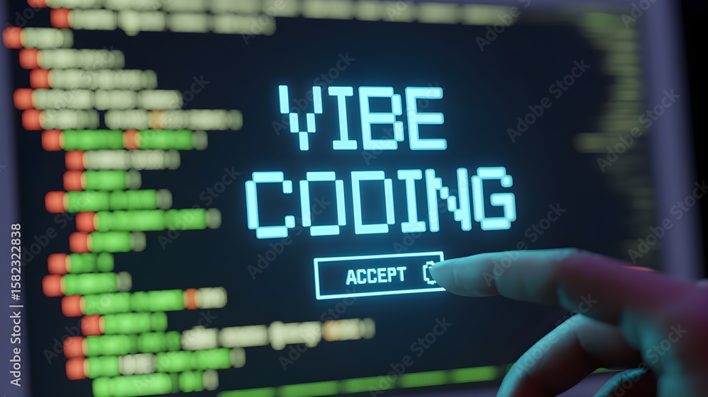 Poster finger pressing 'accept' on a screen with code, symbolizing tech acceptance.