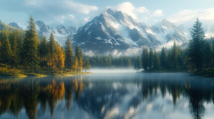 Misty mountain lake reflecting snowy peaks and autumn forest at sunrise
