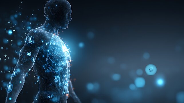 Human Anatomy with Digital Health Icons, Futuristic Medical Visualization, A captivating image of a human torso and arms, rendered in a futuristic, digital style.