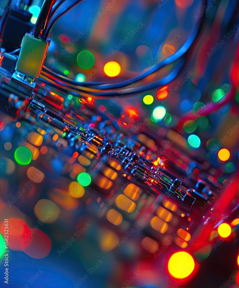 Aufkleber close-up of a circuit board, brightly lit with colorful leds and blurred background lights. wires an