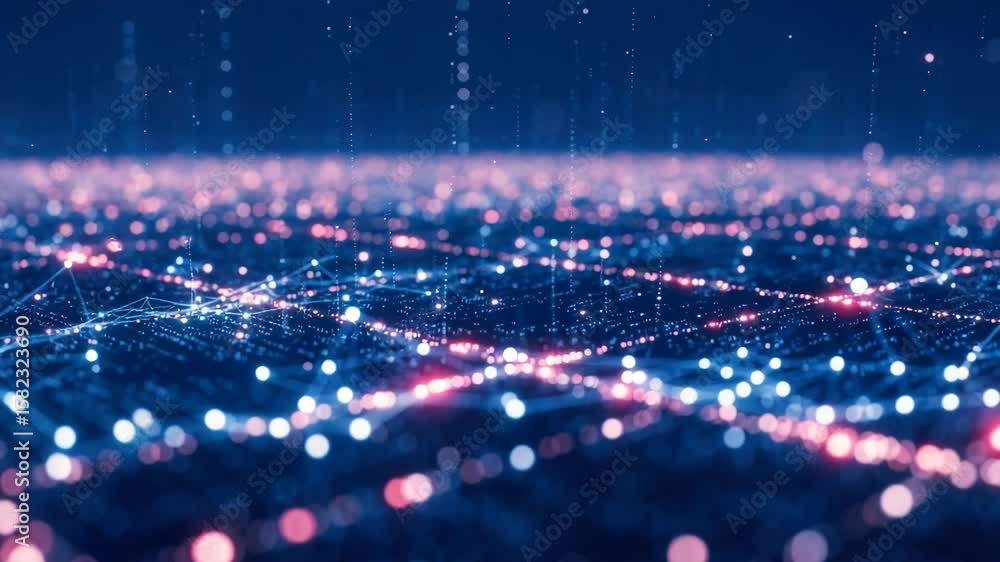 Poster an abstract digital landscape with glowing nodes and interconnected lines, forming a vast network th