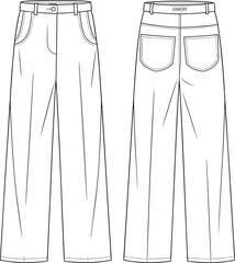 Wide leg jeans technical flat sketch, fashion illustration, front and back view, denim pants template, apparel design, vector drawing, AMOR branding
