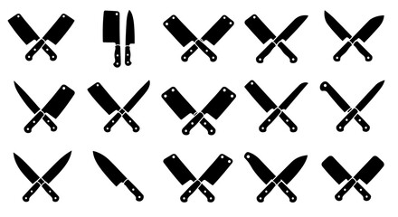 Set of silhouette kitchen knives: cleavers, chef knives, and butcher tools