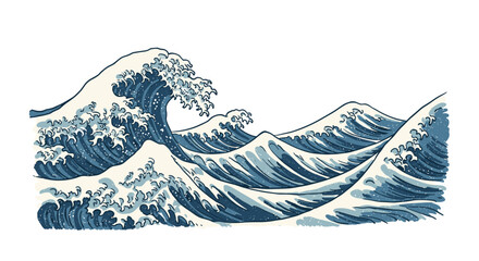 Dynamic ocean waves with japanese style in blue and white seascape
