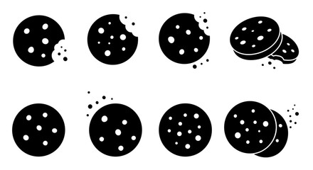 Black and white cookie icons set with bites in minimalistic silhouette style