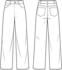 Wide leg jeans technical flat sketch, fashion vector template, front and back view, denim pants illustration, clothing design drawing, garment