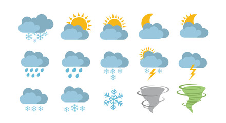 Obraz premium Weather icons collection featuring cloudy, sunny, windy, and stormy conditions in flat design