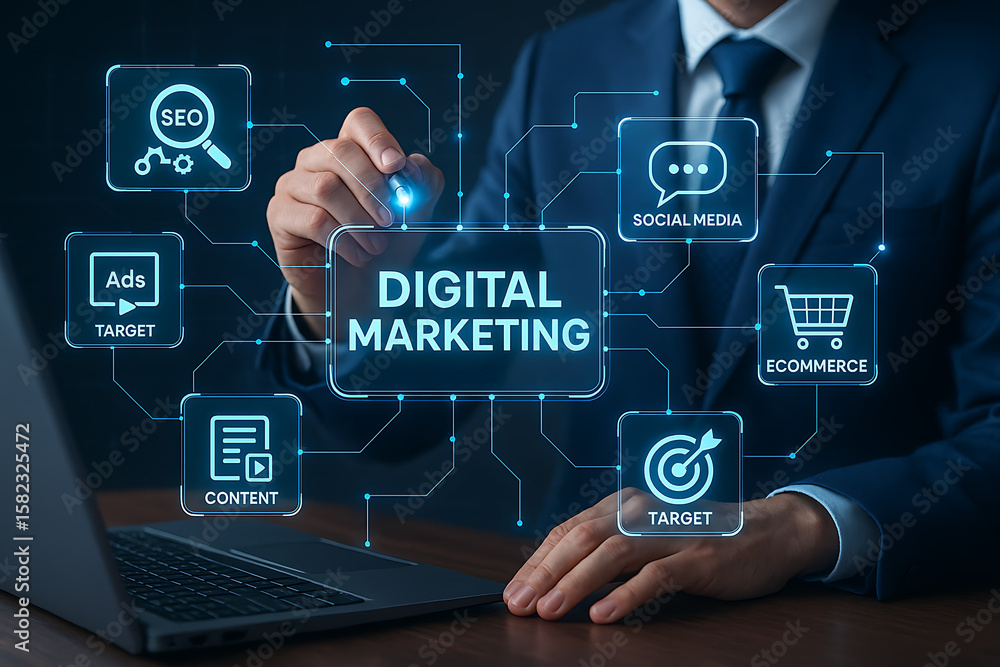 Poster digital marketing strategy planning with seo social media ecommerce content ads and target analytics