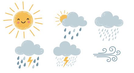 Fototapeta premium Cute weather icons with sun clouds and rain in hand drawn style