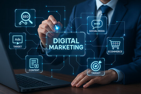 Digital marketing strategy planning with seo social media ecommerce content ads and target analytics by businessman using futuristic interface on virtual touchscreen technology