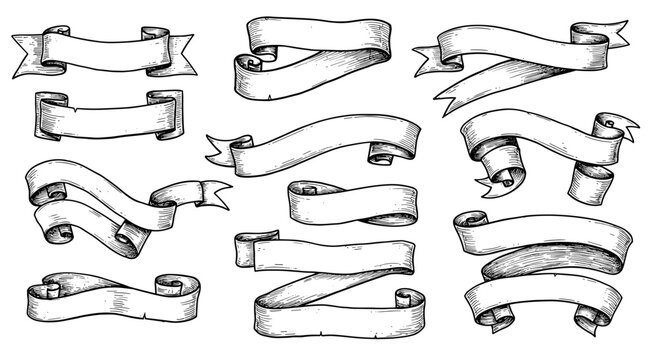 Vintage hand drawn banner set: classic scroll and ribbon designs