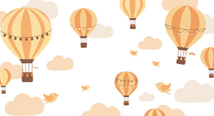 Whimsical hot air balloons and birds floating among clouds in soft pastel