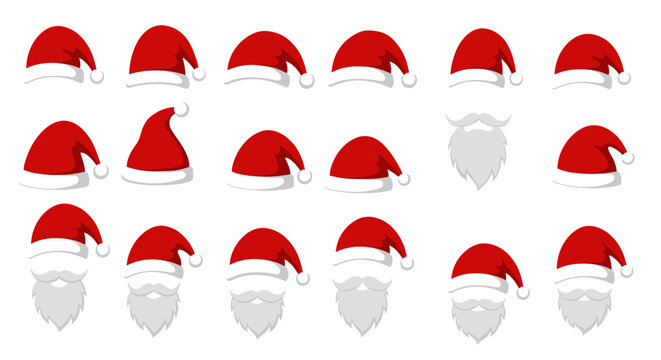 Festive santa hat and beard icons set for christmas designs