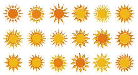 Stylized sun icons collection: vibrant sunburst designs in flat style