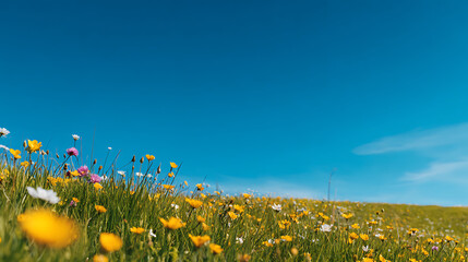 Summer Field Wallpaper with copy-space. Natural Scene with Long Grass, Wild Flowers and Clear Blue Sky. 16203016 1