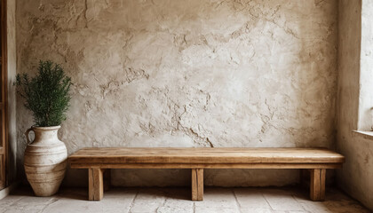 Wooden old bench near cracked plaster wall and plant in ceramic vase