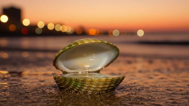 A clam shell rests on a beach with lights visible in the background during a sunset