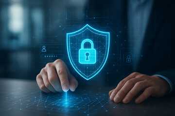 Cybersecurity interface with glowing shield and padlock icon on holographic background for data protection, secure access, privacy tools, encryption and digital safety system