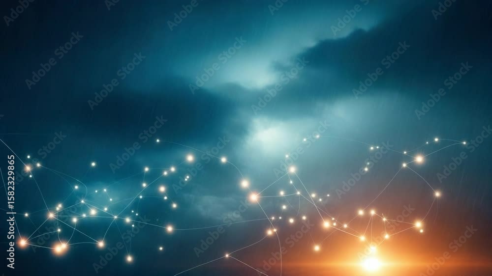 Poster glowing interconnected nodes and lines form a digital network across a dark, cloudy sky, with a brig
