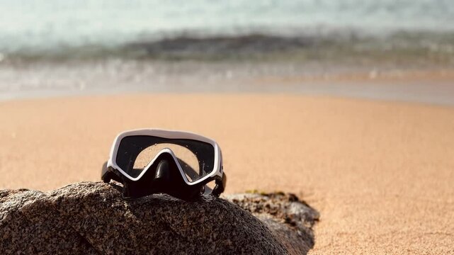 Diving Goggles on Sandy Seashore with Gentle Waves.