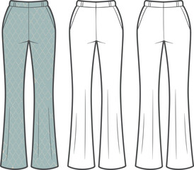 women flared pants back view, vector flat sketch, technical fashion drawing, stylish trousers design template, printable ladies trousers illustration