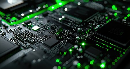 Fototapeta premium Close-up of a circuit board, dark gray with intricate pathways, illuminated with bright green accents
