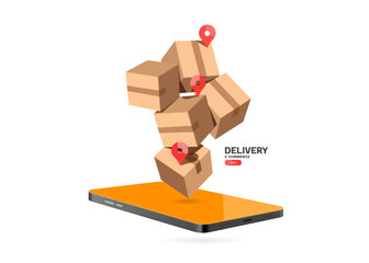 parcel boxes or cardboard boxes are floating in mid-air with pins indicating delivery location to customers, all on smartphone screen, vector 3d isolated for e commerce, delivery, online shopping