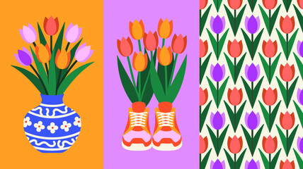 Stylized Floral Arrangement of Tulips in Vase and Sneakers with Patterned