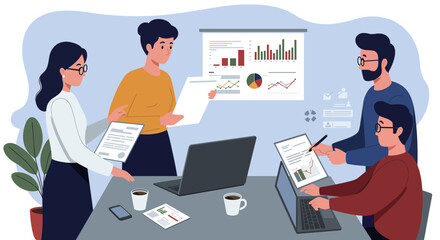 Team Collaboration in a Modern Office Meeting Analyzing Data and Presentations