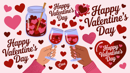 Valentine's Day Celebration with Toasting Glasses and Heart Decorations