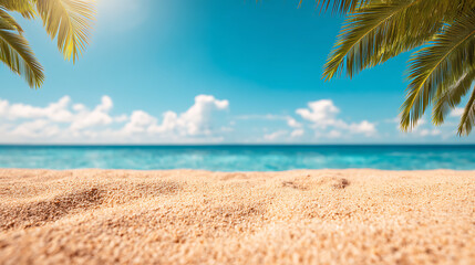 Obraz premium Summer background with frame, nature of tropical golden beach with rays of sun light and leaf palm. Golden sand beach close-up, sea, blue sky, white clouds. Copy space, summer vacation conc 62261384 1