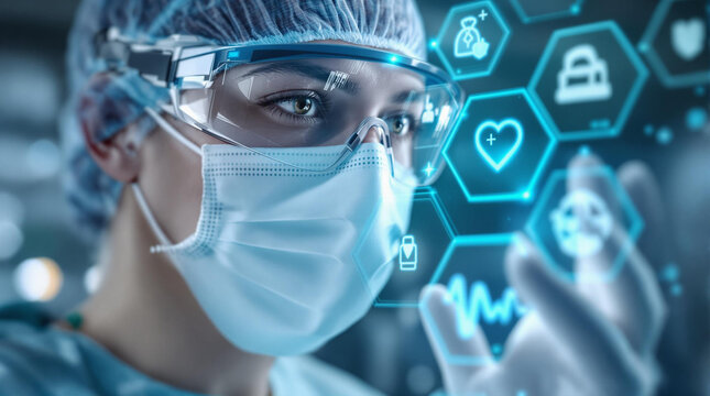 A surgeon wearing protective gear interacts with digital medical icons, possibly analyzing data. - Powered by Adobe