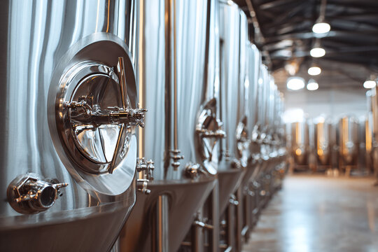 A row of large fermentation tanks featuring shiny metal valves and transparent tubes. Light reflects off the polished surfaces in a clean and organized craft brewery interior.