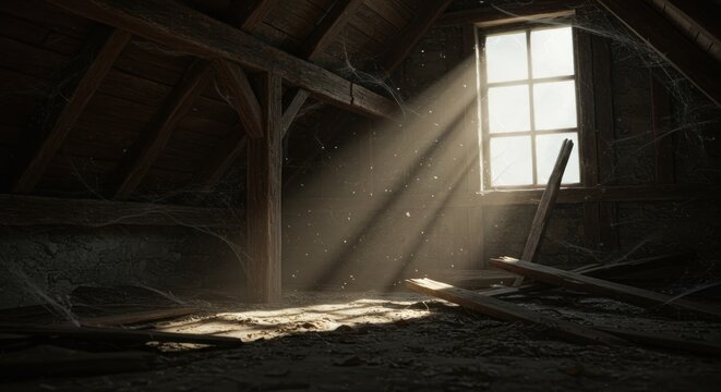 Sunlight filters through a dusty attic window casting beams of mystery and intrigue