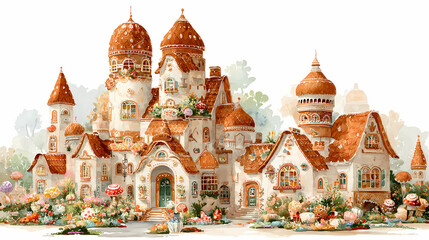 Obraz premium Whimsical Watercolor Enchanted Gingerbread Castle Surrounded by Candy Trees – Fantasy Dessert Illustration