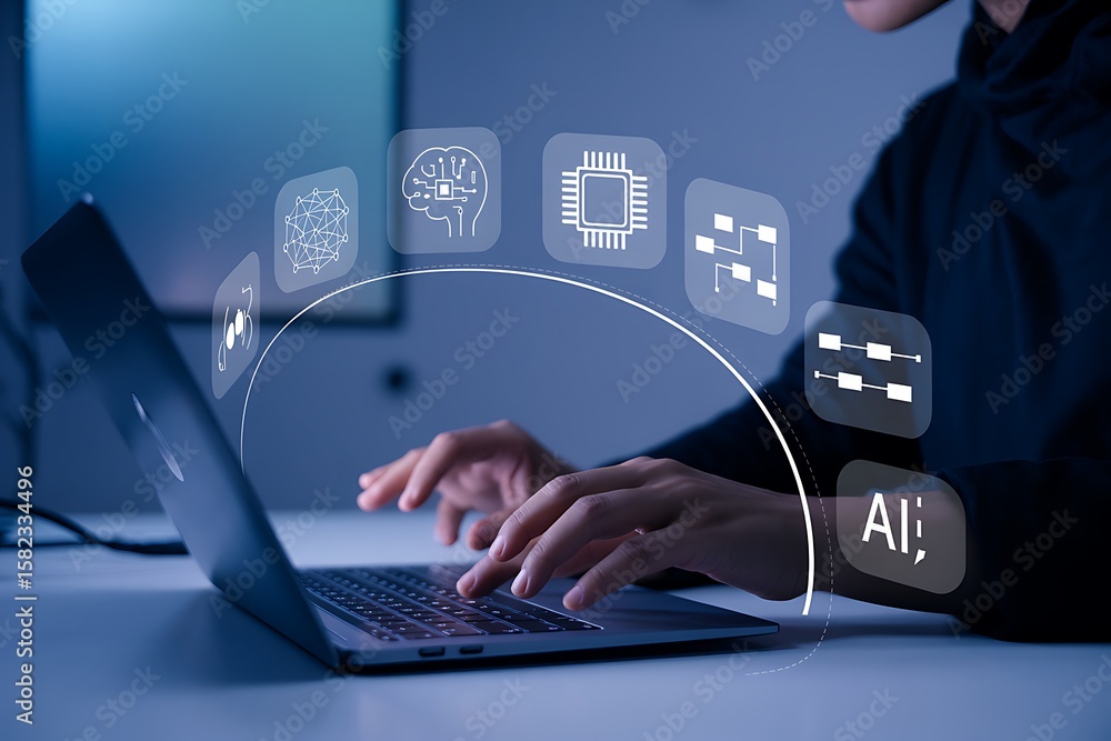 Poster person typing on laptop with digital icons representing artificial intelligence and technology compu