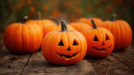 Pumpkins with carved faces displayed on wooden table during autumn harvest season.