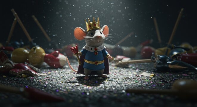 A regal mouse king standing amidst scattered sweets, embodying whimsical royalty and fairytale charm