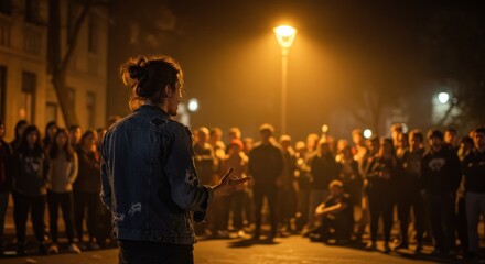 Naklejka premium Gathering under the nightlights: A speaker addresses a crowd in an urban setting with passion and