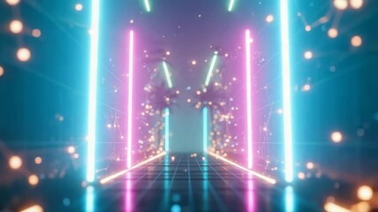 neon-lit futuristic pathway with vibrant pink, blue, and green vertical lights and distant palm trees, suggesting a digital oasis or a high-tech resort environment - Powered by Adobe