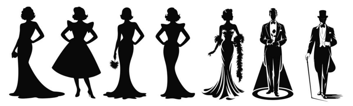 Vintage Hollywood Glamour Silhouette Vector Set, Elegant 1950s fashion icons in retro poses with classic hairstyles, perfect for posters, branding, product labels, and digital artwork
