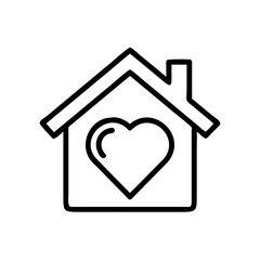 House with heart icon displayed as vector symbol of love and home. House with heart in minimalist line art represents family and security. Conceptual house with heart for real estate design.