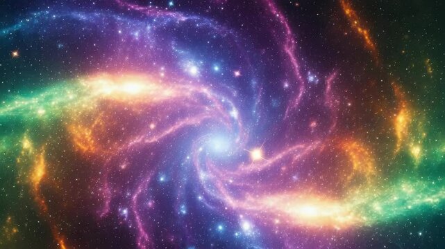 vibrant, multicolored spiral galaxy or nebula glows with blues, greens, yellows, and purples, set against a star-filled dark space, representing the vastness and beauty of the cosmos