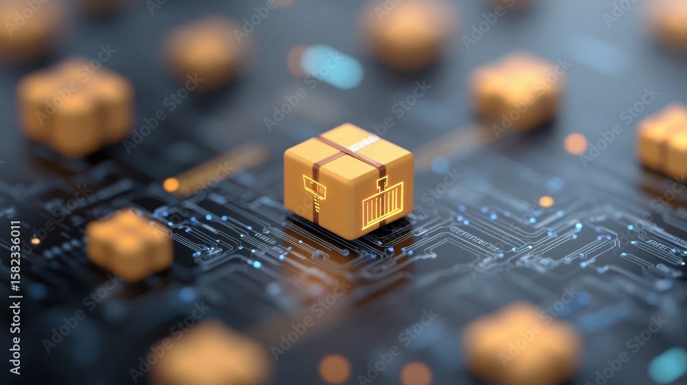 Poster engineer logistics construction concept. digital representation of a package on a circuit board, sym
