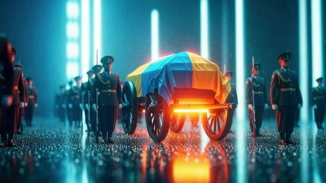 solemn military procession with soldiers in formation escorts a flag-draped coffin on a glowing cart, for honor, sacrifice, national remembrance, and military funeral rites
