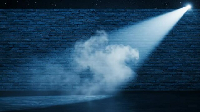 A spotlight illuminates a brick wall partially obscured by smoke or fog A dark floor and starry sky complete the scene