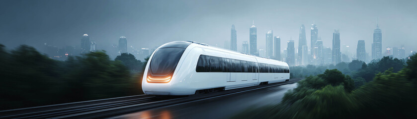 Naklejka premium Futuristic transport capsule high speed train modern city sleek design urban landscape misty morning innovation technology