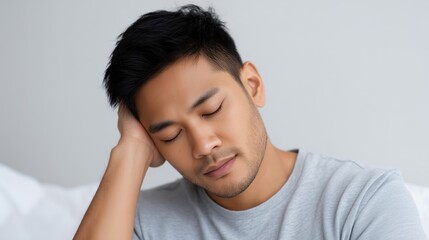Asian man with closed eyes, resting his head on his hand, displaying a serene expression while sitting on a bed, conveying a sense of calm and introspection in a cozy environment